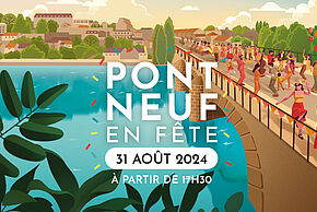 Affiche présentant le Pont-Neuf dessiné avec des personnes faisant la fête dessus