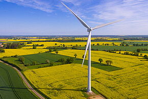 Vue aérienne d'une éolienne dans un champ à Lusignan