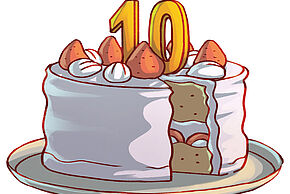 Image vectorielle d'un gâteau d'anniversaire avec des bougies 10 dessus.